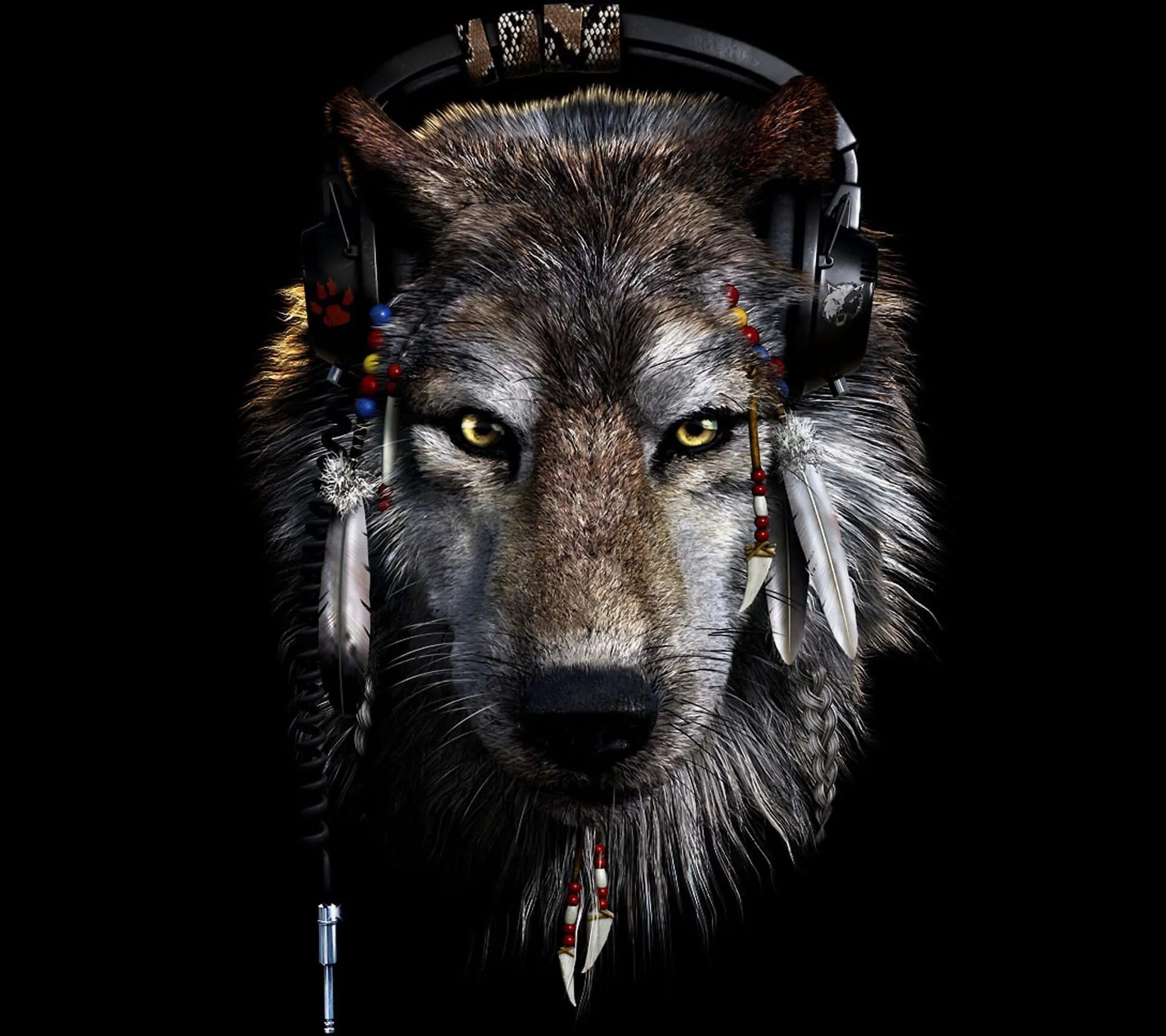 Wolf gaming wallpapers. Wolf With Headphones On His Head Wallpaper.