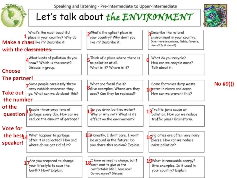 Global problems speaking Cards. Let`s talk about environment. Speaking questions for Upper Intermediate. Talking about the environment. The situation could be good