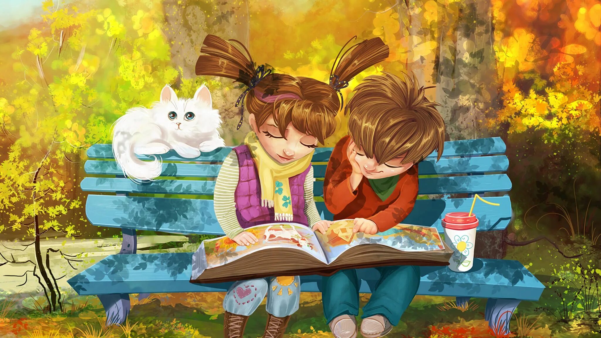 Том девочка и мальчик играть. Иллюстрации к книгам. пойман за чтением. мальчик с девочкой на скамейке. с книжкой на скамейке.