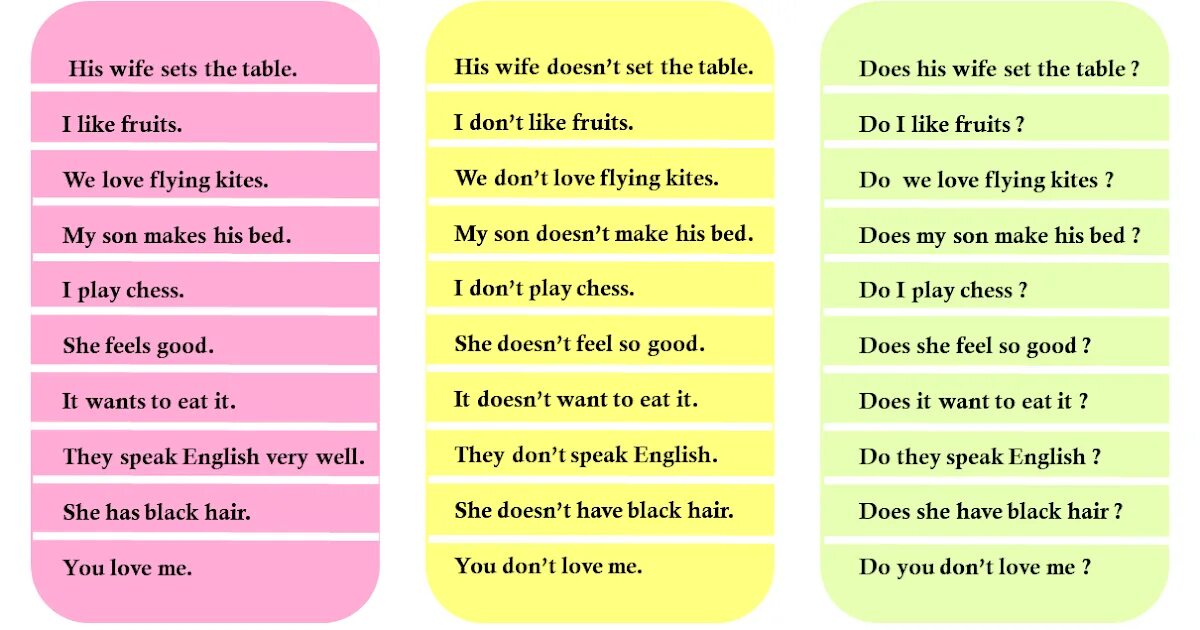 Answer in full sentences. Positive negative question. Present simple positive negative question. Present simple positive and negative. Past simple affirmative and negative.