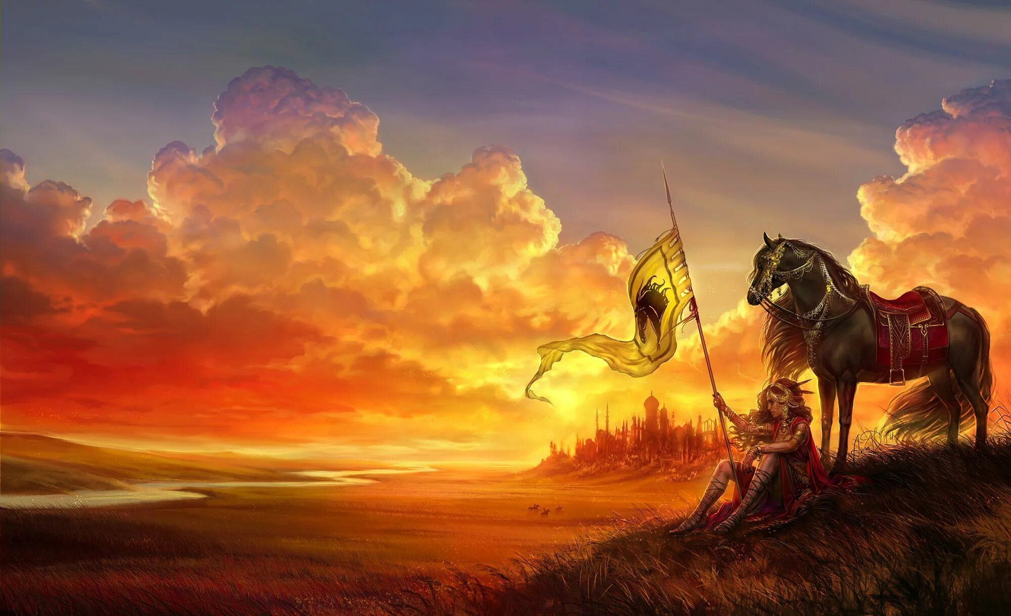Всадник на закате. Воин на фоне солнца. Рыцарь на закате. Богатыри на конях. Мудрецы великой степи