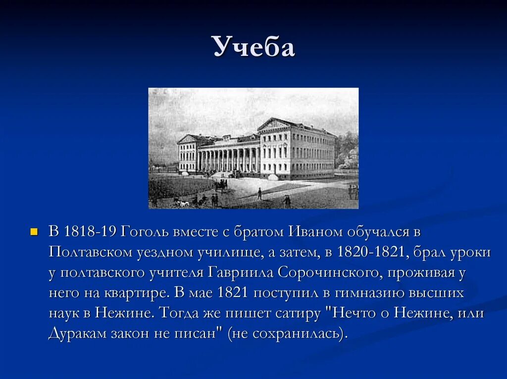 Годы учебы Николая Васильевича Гоголя. Нежинская гимназия Гоголь. Учеба Гоголя кратко. Гоголь школьные годы