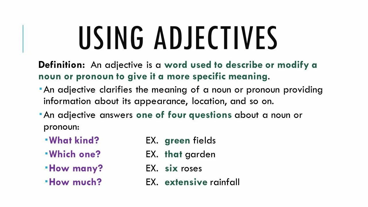 Adjective Definition. Noun modifiers. Using adjectives as Nouns. Modified Nouns. 6 use the adjectives