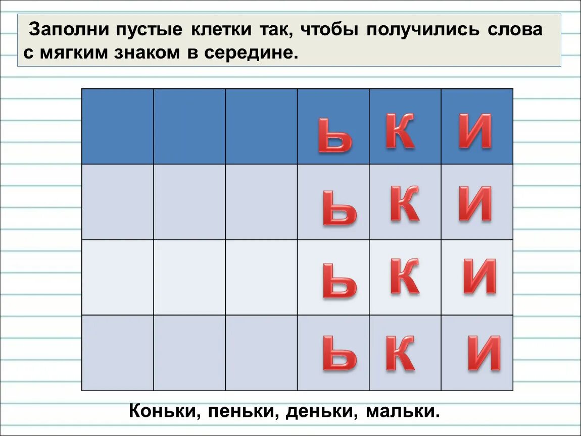 Слова с мягким знаком в середи. Заполни пустые клетки так чтобы получились слова. Слава середине с мягким знаком. Слова с мягким знаком в середине. Карточки мягкий знак 1 класс