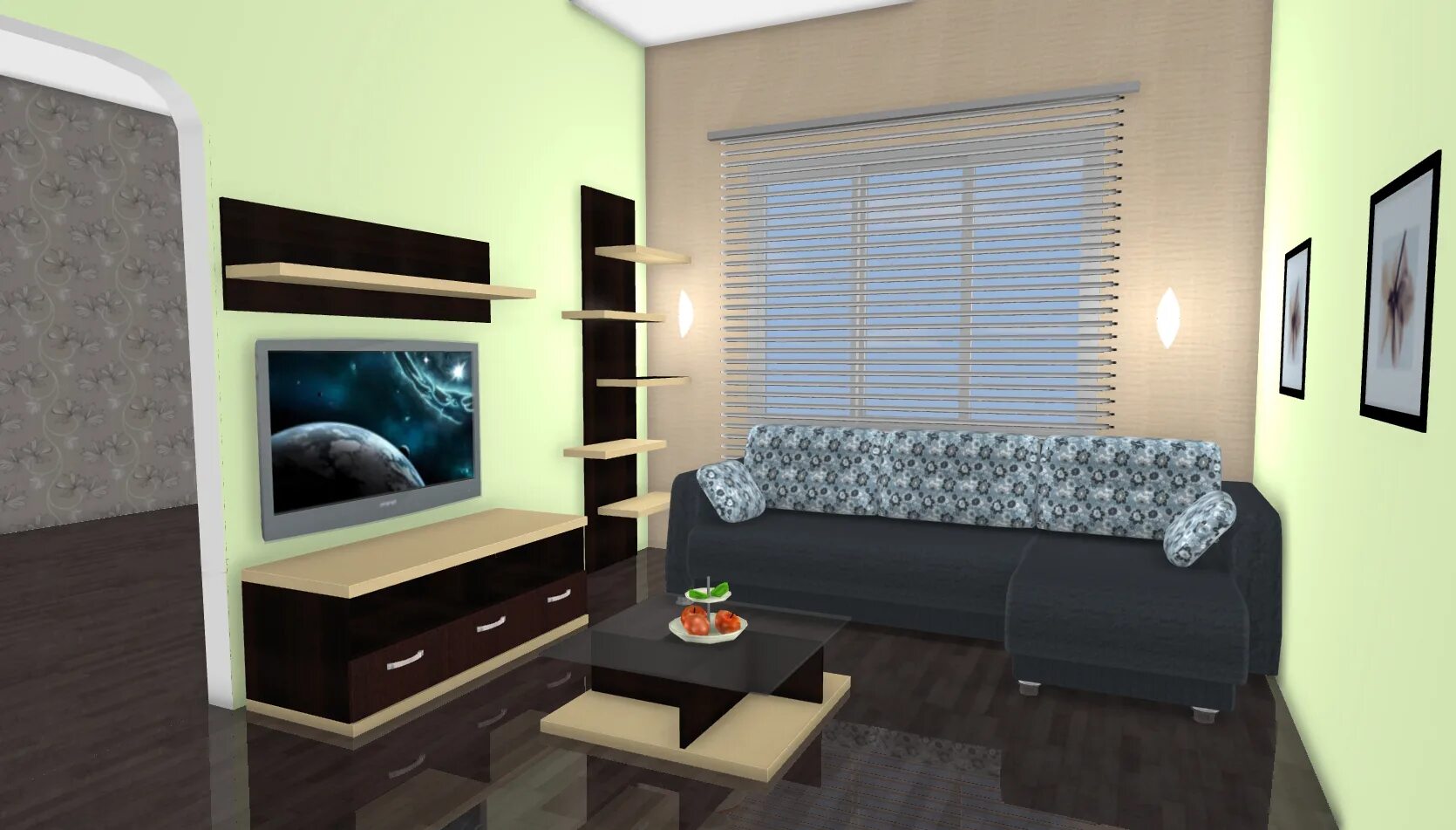 Комната с мебелью 3d. Моделирование комнаты с диваном.