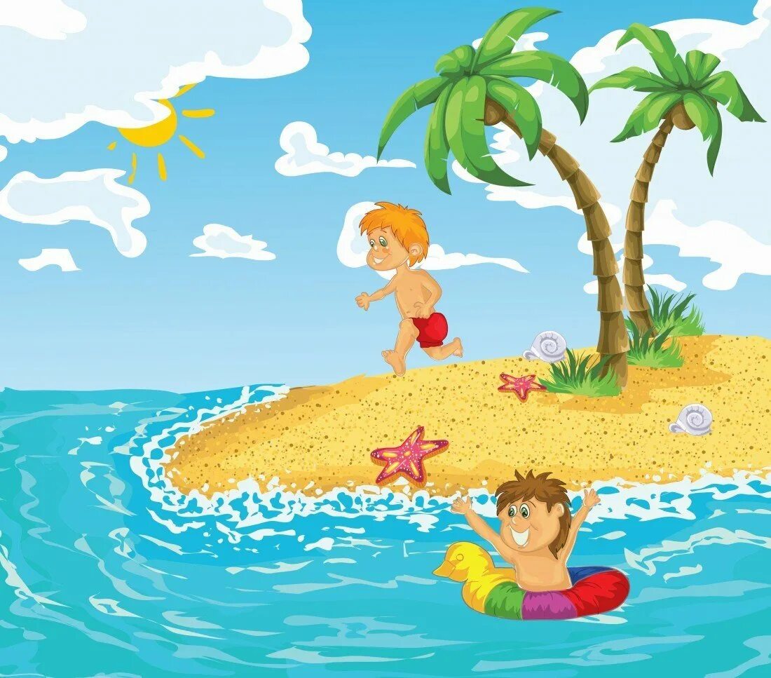 Рисунок лета для детей. Море мультяшное. Пляж картинка для детей. Рисунок лето. Дети на пляже мультяшные.