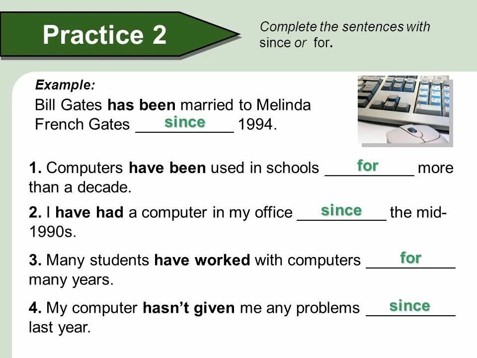 Present perfect since for упражнения. For since. For and since examples. Sentences with since and for.