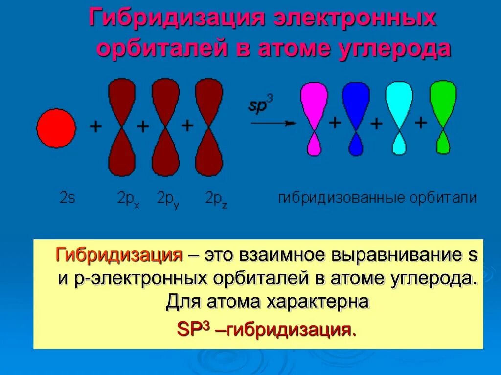 Какой вид гибридизации. Sp3 гибридизация электронных орбиталей. Sp3-гибридизация орбиталей атомов углерода. Sp3-, sp2-, SP-гибридизация атомных орбиталей углерода. Sp3 гибридизация атомных орбиталей углерода.