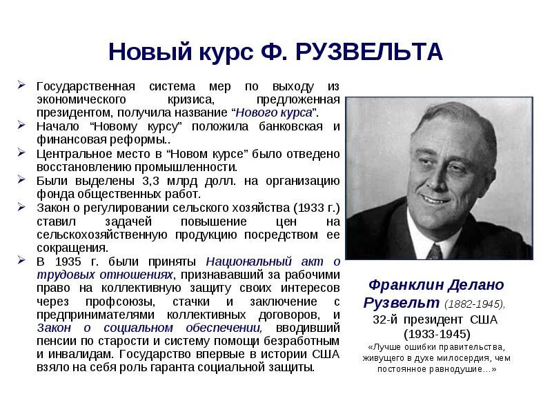 Суть курса рузвельта. «Новый курс» ф. Рузвельта в США (1882 – 1945). «Новый курс» президента ф. Рузвельта.. «Новый курс» президента ф. Рузвельта в США. . В 1929—1933 гг. «Новый курс» президента ф. Рузвельта. Монографии.