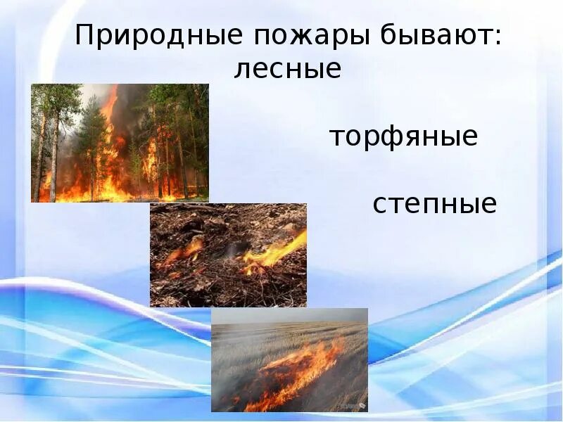 Виды природных пожаров. Природные пожары бывают. Какие бывают Лесные пожары. Лесные степные и торфяные пожары. Особенности природного пожара