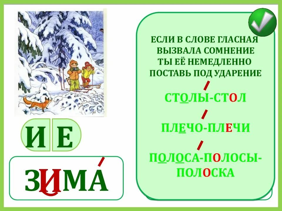 Безударная гласная в слове зима. Безударные гласные 1 класс. Если буква гласная вызвала сомнение. Правило если буква гласная вызвала сомнение. Если гласная вызвала сомнение ты ее немедленно ставь под ударение.