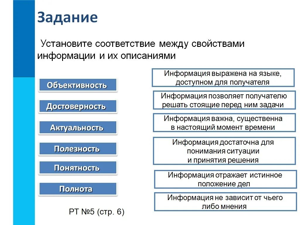 Информация ее свойства и методы обработки. Установите соответствие между свойством информации и его описанием. установите соответствие между свойствами информации и их описаниями. объективность достоверность актуальность. свойства информации задания.