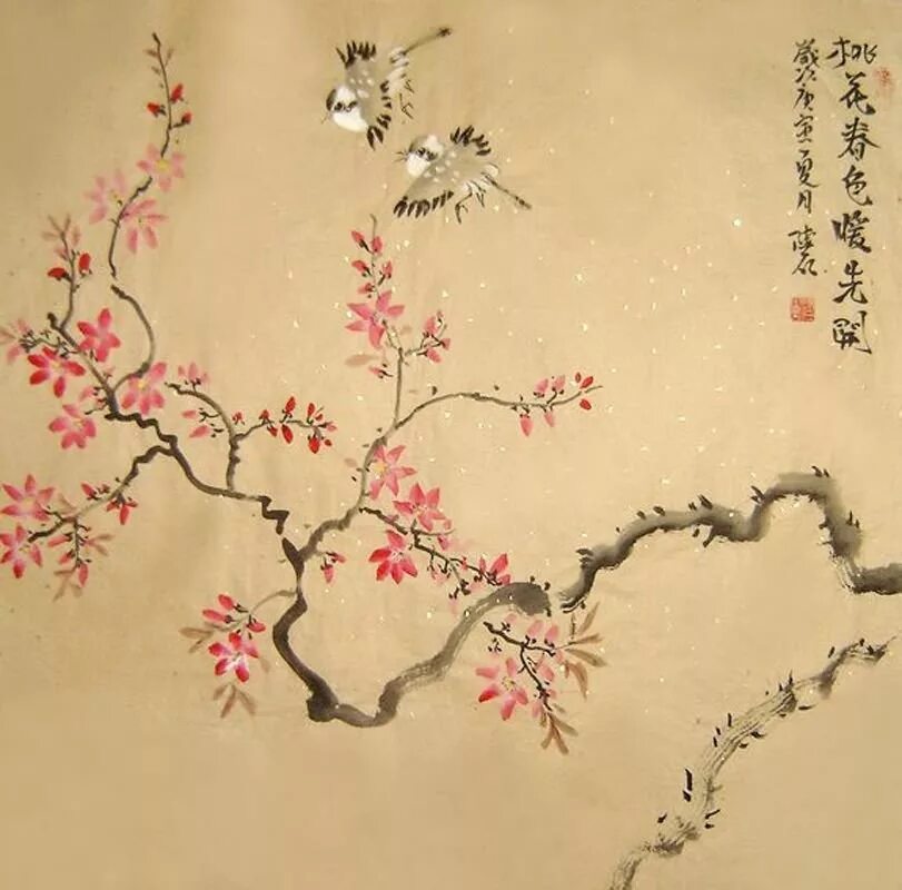 Сакура что означает. Китайская живопись Шинуазри. Сакура Шинуазри. Peach Blossom японская китайская живопись. Фэн шуй китайская живопись.