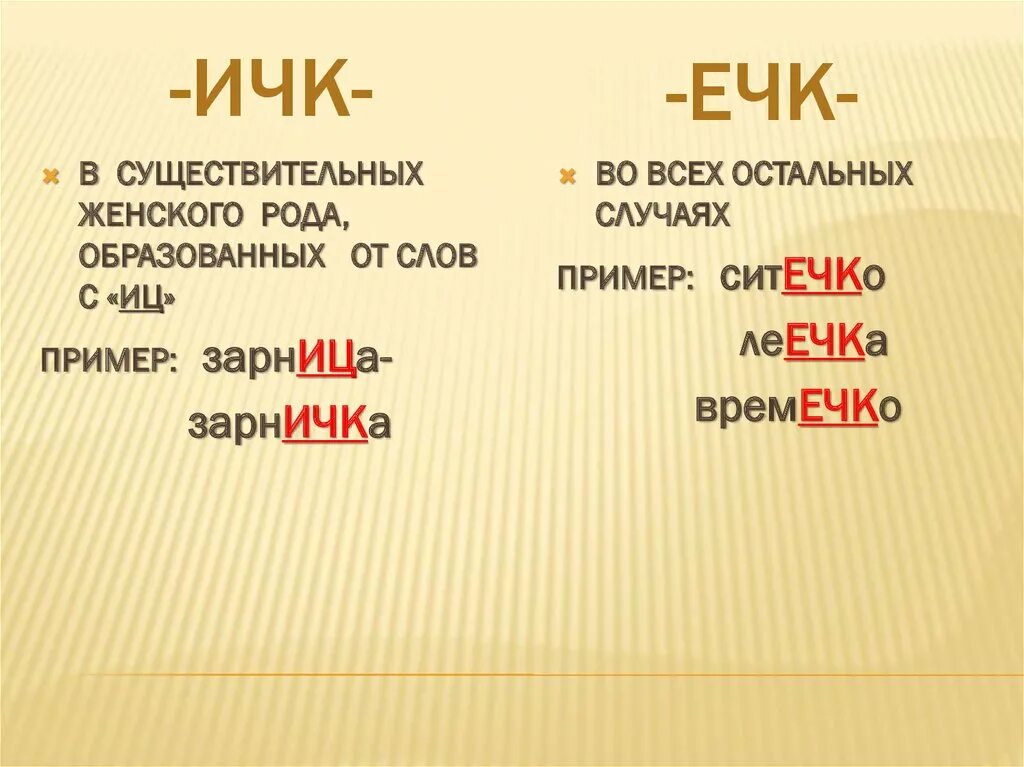 Суффиксы ИЧК ечк. Суффиксы ИЧК ечк в существительных. Правописание суффиксов ечк и ИЧК В существительных. Сочетание ИЧК И ечк правило.