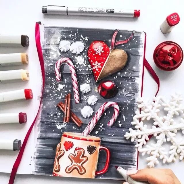 Новогодний маркер. Новогодний маркер. Новогодние рисунки маркерами. Новогодний маркер. Новогодние открытки маркерами для скетча.