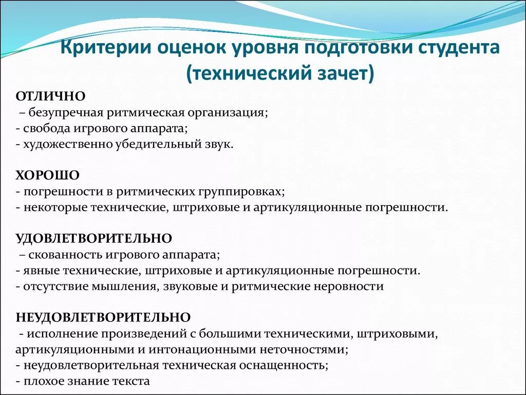 Критерии оценки экзамена. Уровень подготовки студента. Критерии технической подготовке. Критерии оценки студентов.