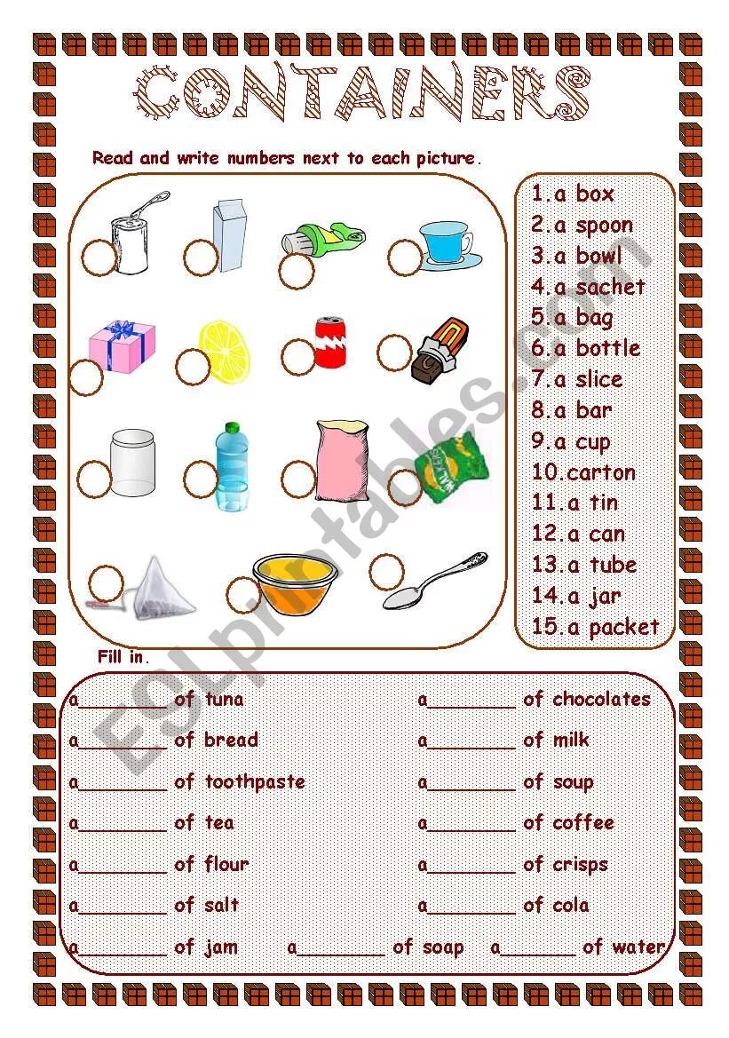 Fill in loaf box bottle carton bowl. Контейнеры в английском языке упражнения. Containers в английском языке упражнения. Емкости на английском упражнения. Worksheets емкости.