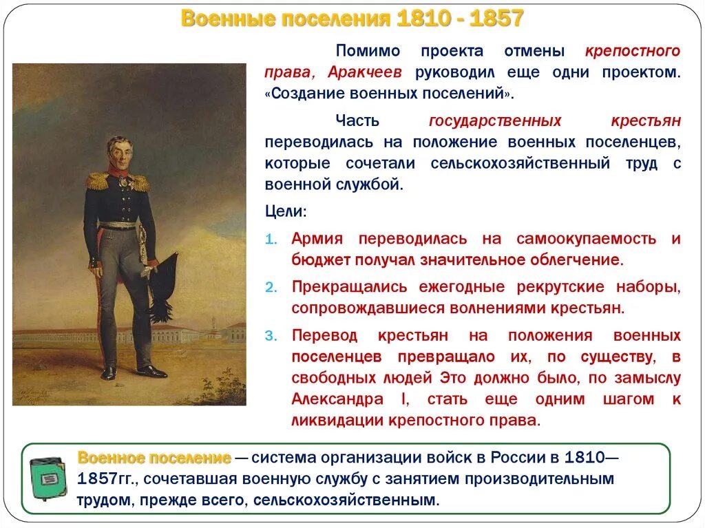 Созданный при александре 1. Ликвидация военных поселений 1857. Проект Аракчеева при Александре 1.