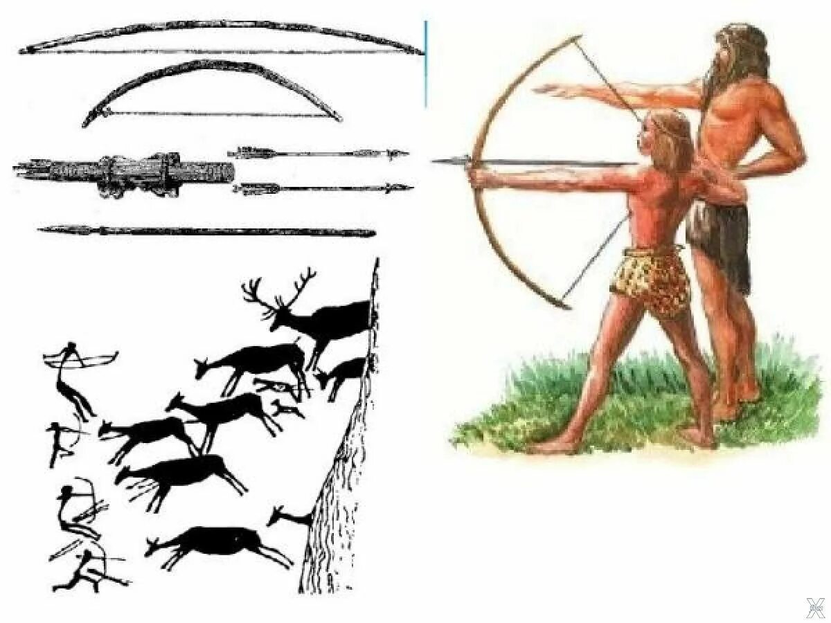Лук и стрелы эпохи мезолита. Изобретения первобытных людей. Оружие первобытных людей. Лук и стрелы древнего человека.