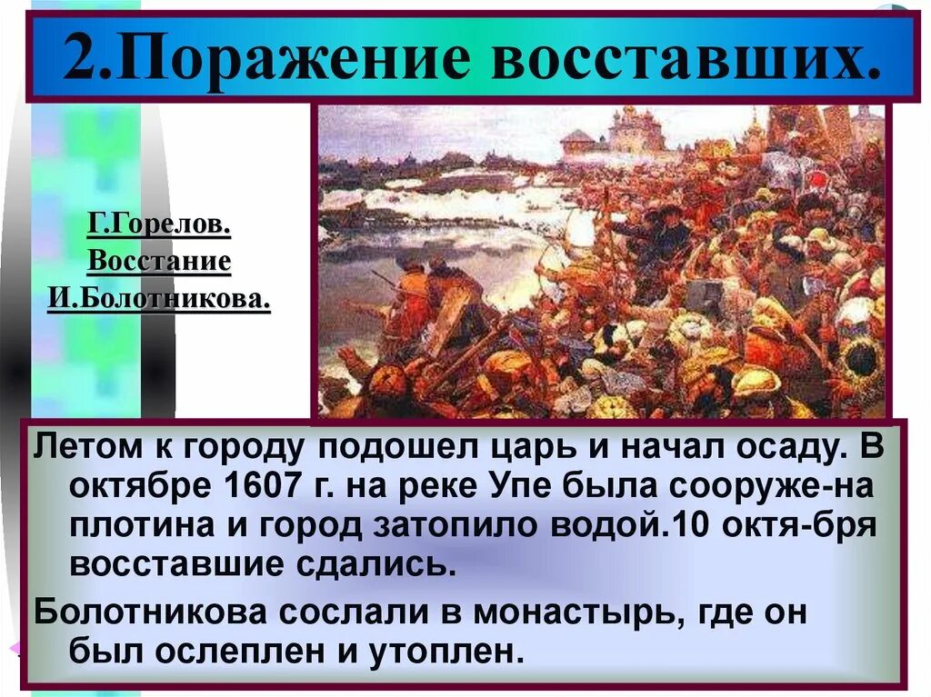 Причины поражения шуйского. Восстание Ивана Болотникова Осада Тулы. Восстание Болотникова г.Горелов. Восстание Болотникова сподвижники. Поражение Восстания Болотникова.