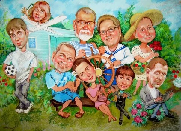 Открытка большая семья. Шарж бабушка с внуками. Семья рисунок акварель. Дружная семья. Открытка на тему семья.