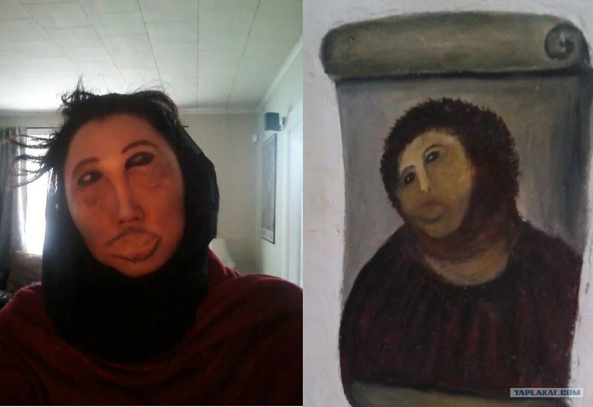 Отреставрированная картина Иисуса. Женщина отреставрировала фреску Иисуса. Неудачные реставрации картин. Женщина отреставрировала икону.