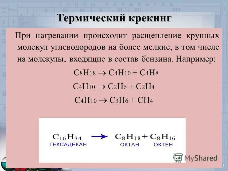 Крекинг углеводородов реакция. Крекинг нефтепродуктов реакция. Термический крекинг реакции. Уравнение термического крекинга.