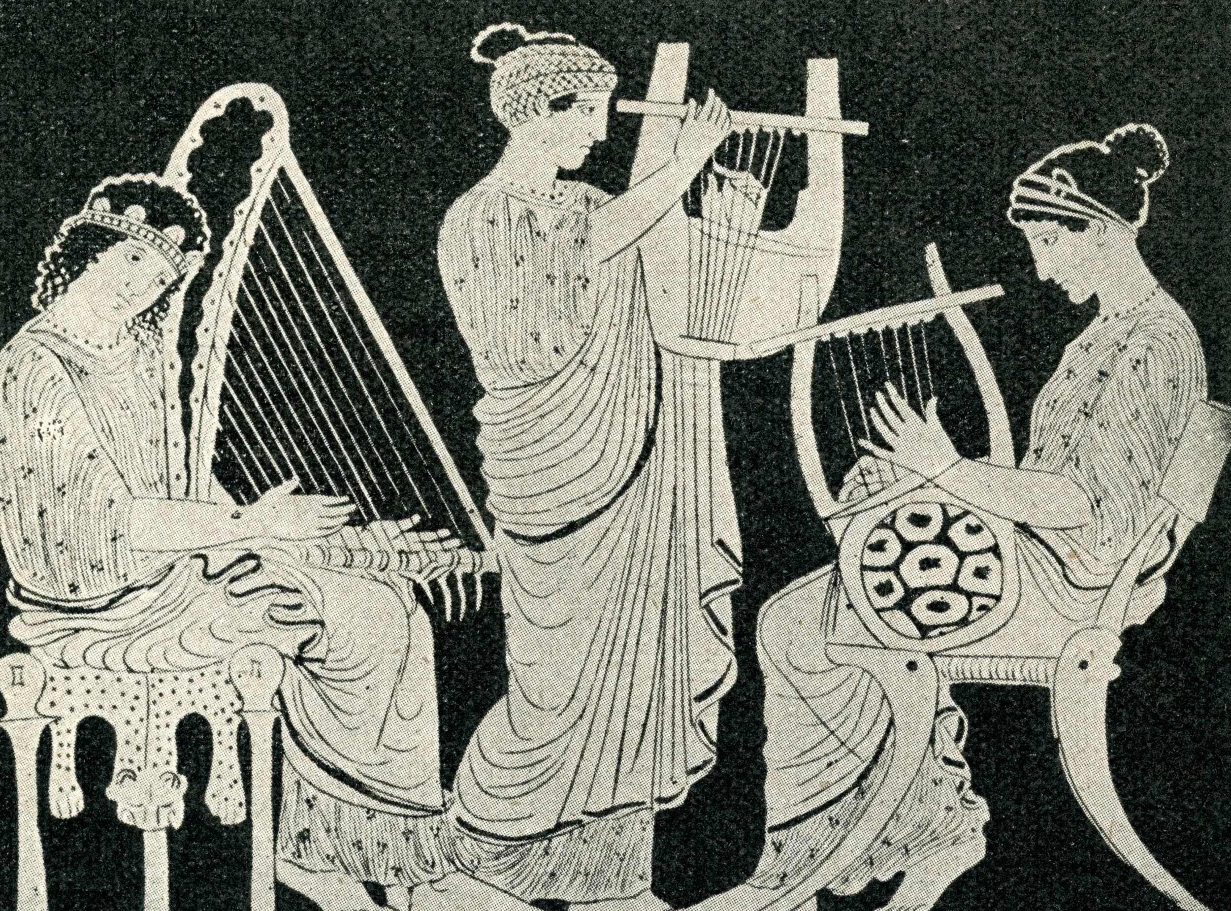 Греческий музыкальный. Кифара древней Греции. Музыканты древней Греции с арфой.