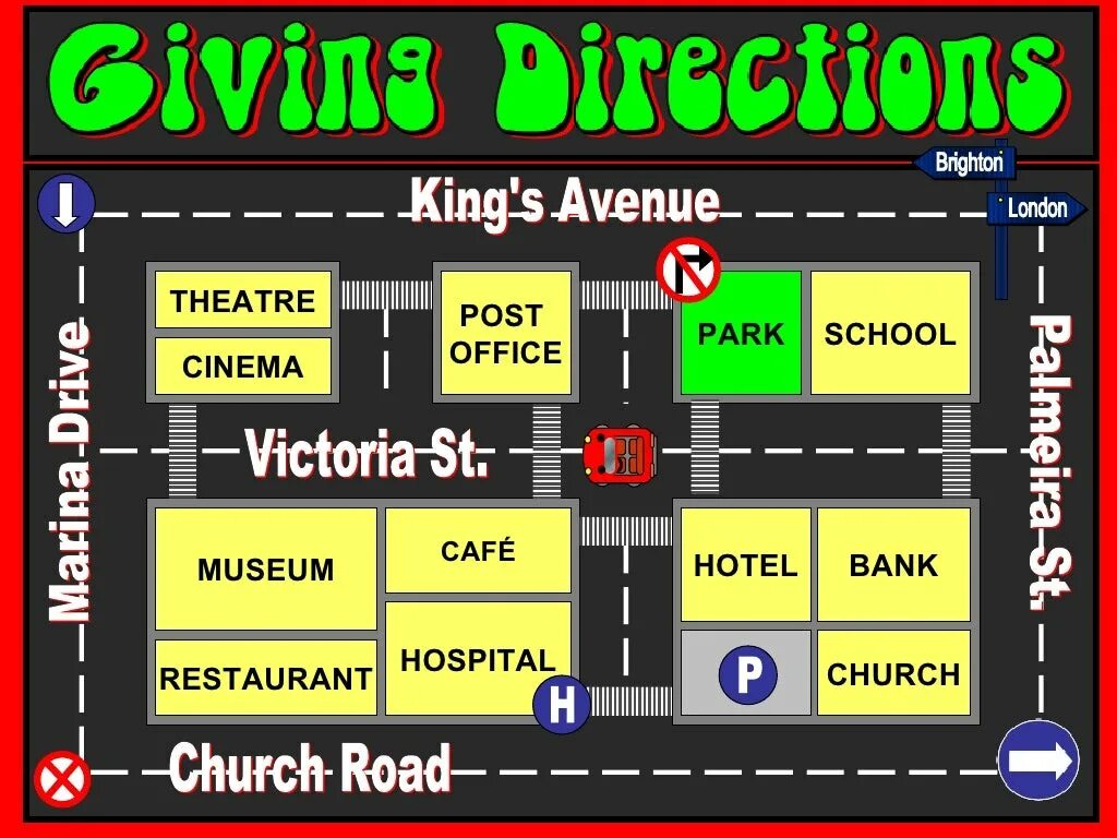 Directions presentation. Giving directions. asking and giving directions. asking for directions. map for giving directions.