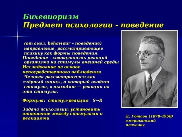 Психология поведения автор. Бихевиоризм Уотсон Скиннер. Бихевиоризм предмет психологии. Предмет психологии поведения. Поведение как предмет психологии.