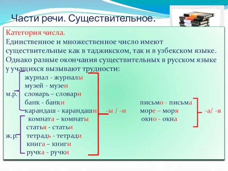 Категория числа в русском языке. Существительные категории.