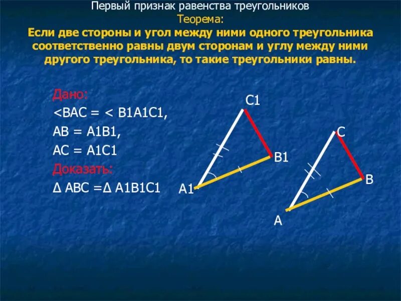 Первый признак равенства. 1 Признак равенства треугольников. Теорема 1 признак равенства треугольников. Теорема первый признак равенства треугольников. Треугольники равны по двум сторонам и углу между ними.