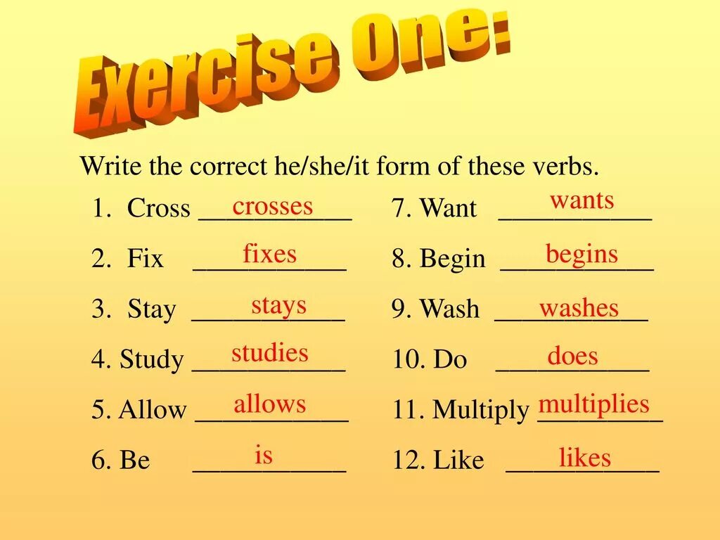 Write only the verb forms. He she it form of the verbs. Write the he she it form of these verbs. He/she/it form of these verbs. Write the he she it form of the following verbs.