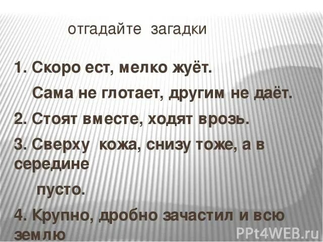 Сверху кожа снизу. Загадка скоро. Скоро ест мелко жует сама не глотает другим не дает ответ на загадку. Сверху кожа снизу тоже а в середине пусто. Отгадать загадки скоро ест, мелко жует сама не глотает, другим не дает.