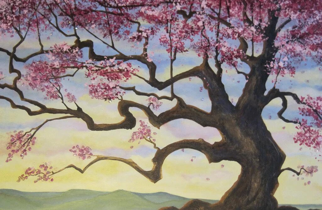 Изо сакура. Японский пейзаж рисунок. Картины в японском стиле. Дерево Сакуры живопись. Картина розовое дерево.