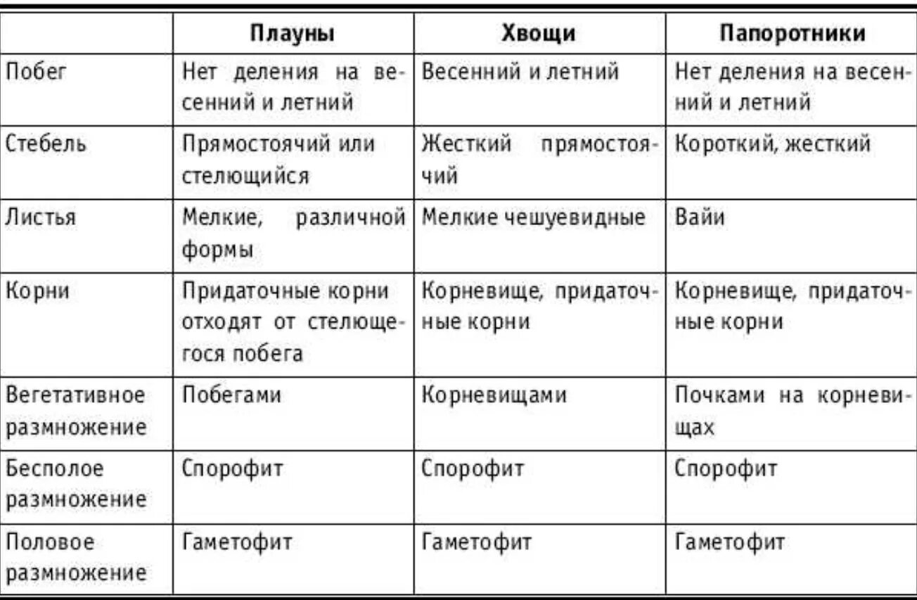 Признаки папоротников хвощей плаунов. Сравнительная характеристика папоротников хвощей и плаунов. Сравнение папоротников хвощей и плаунов таблица. Высшие споровые растения таблица. Сравнительная характеристика споровых растений таблица.