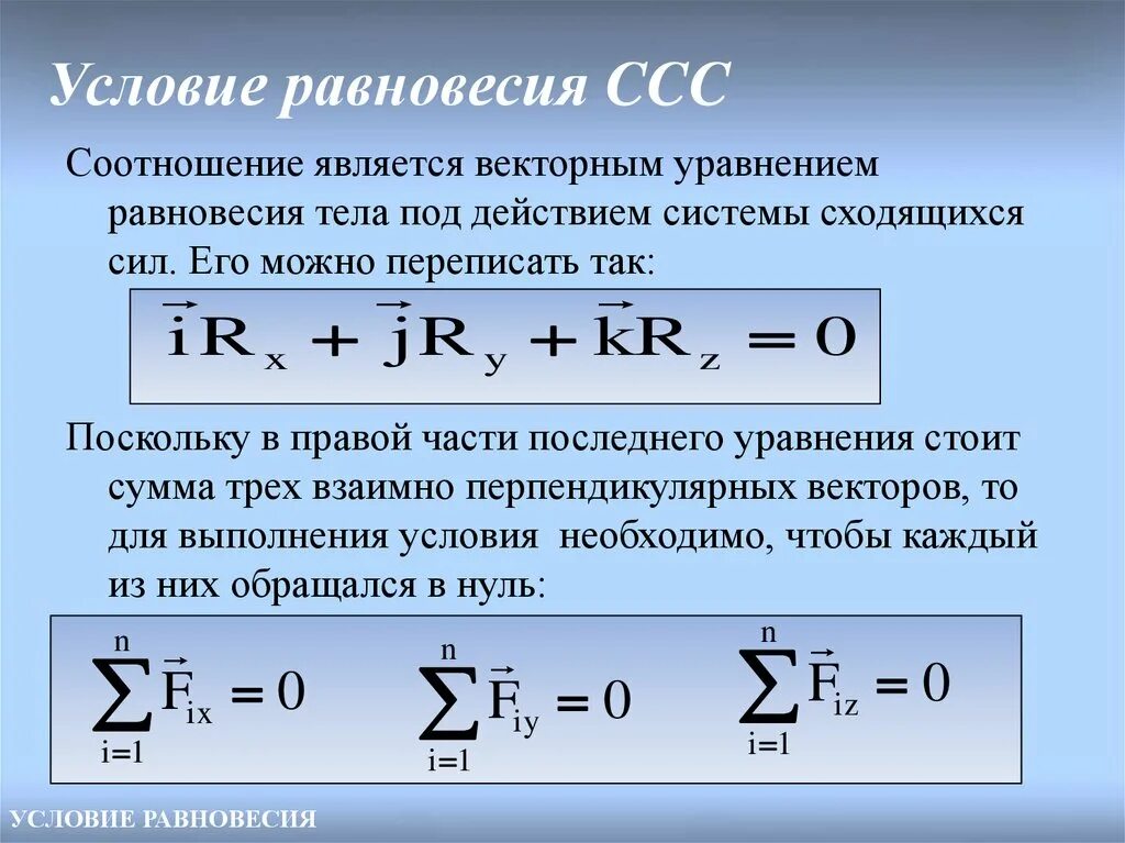 1 и 2 условия равновесия. Уравнения равновесия для сходящейся системы сил. Условия и уравнения равновесия плоской системы сходящихся сил. Уравнение равновесия твердого тела. Аналитическое условие равновесия.