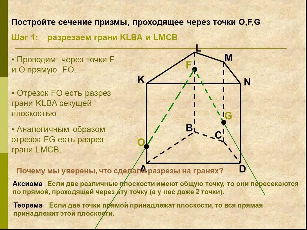 Через какие точки нужно провести прямую. Построение сечений Призмы. Построить сечение Призмы. Построение прямой Призмы. Сечение Призмы через точки.