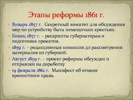 Крестьянская реформа 1861 г этапы подготовки