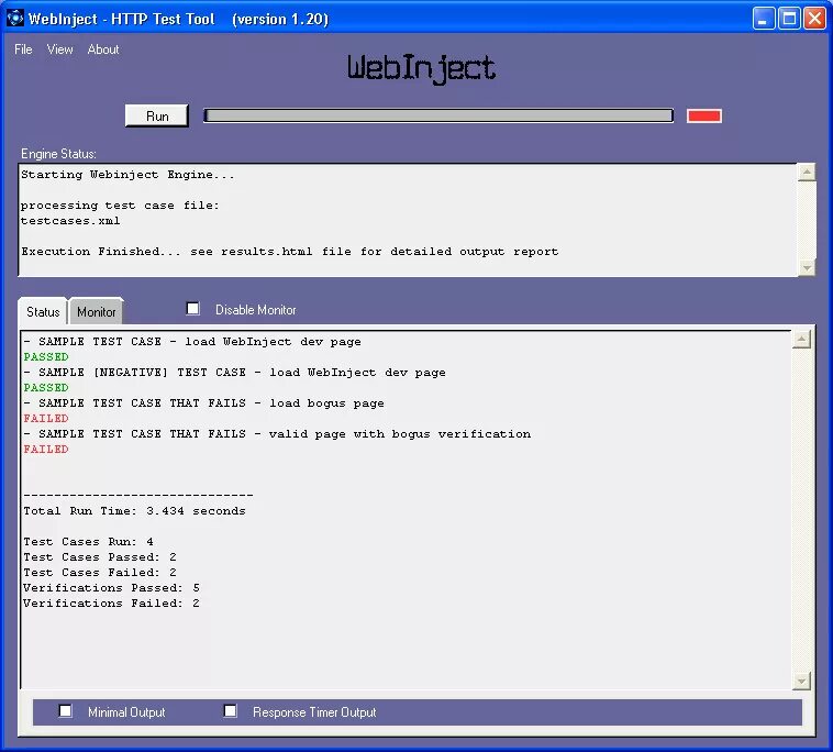 WEBINJECT. Test Run. Test and monitoring Tools. Test Case execution Reports. Cases fail