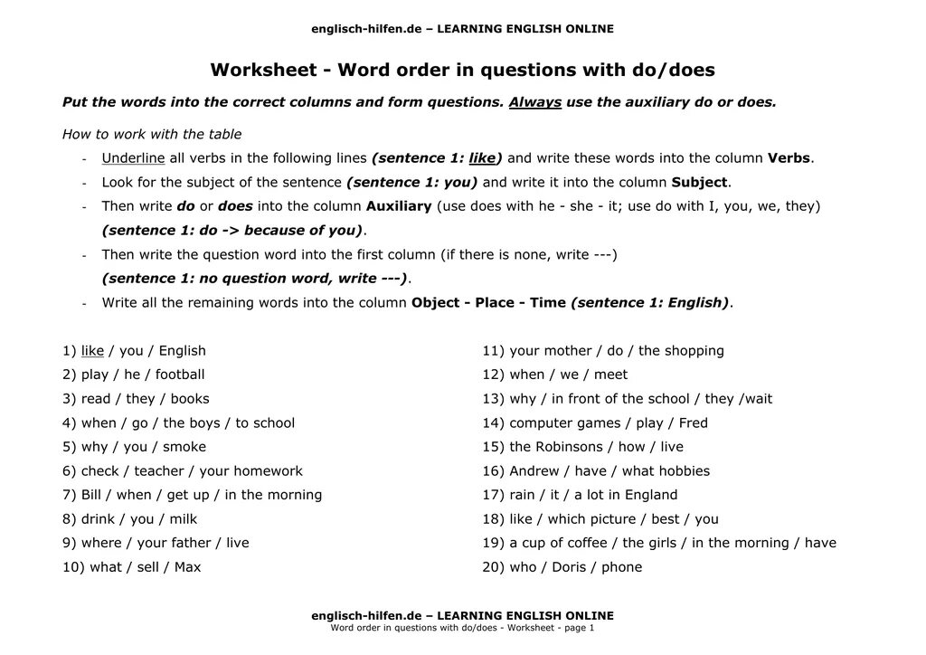 Complete the question with the auxiliary verb. Word order in questions. worksheet - word order in questions with do/does. englisch-hilfen.de ответы. word order elementary.