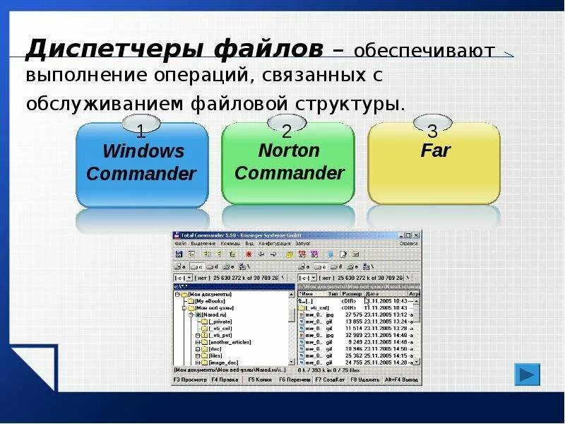 3 работающие в видимой. Диспетчер файлов. Диспетчеры файлов (файловые менеджеры). Перечислите программы для работы с файловой структурой. Диспетчеры файлов Назначение утилиты пример.