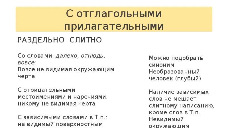 Написание не с отглагольными прилагательными. Невидимый раздельно. Тем не менее слитно или раздельно. Слитное и раздельное написание не со словами на мый. Невидимый раздельно.