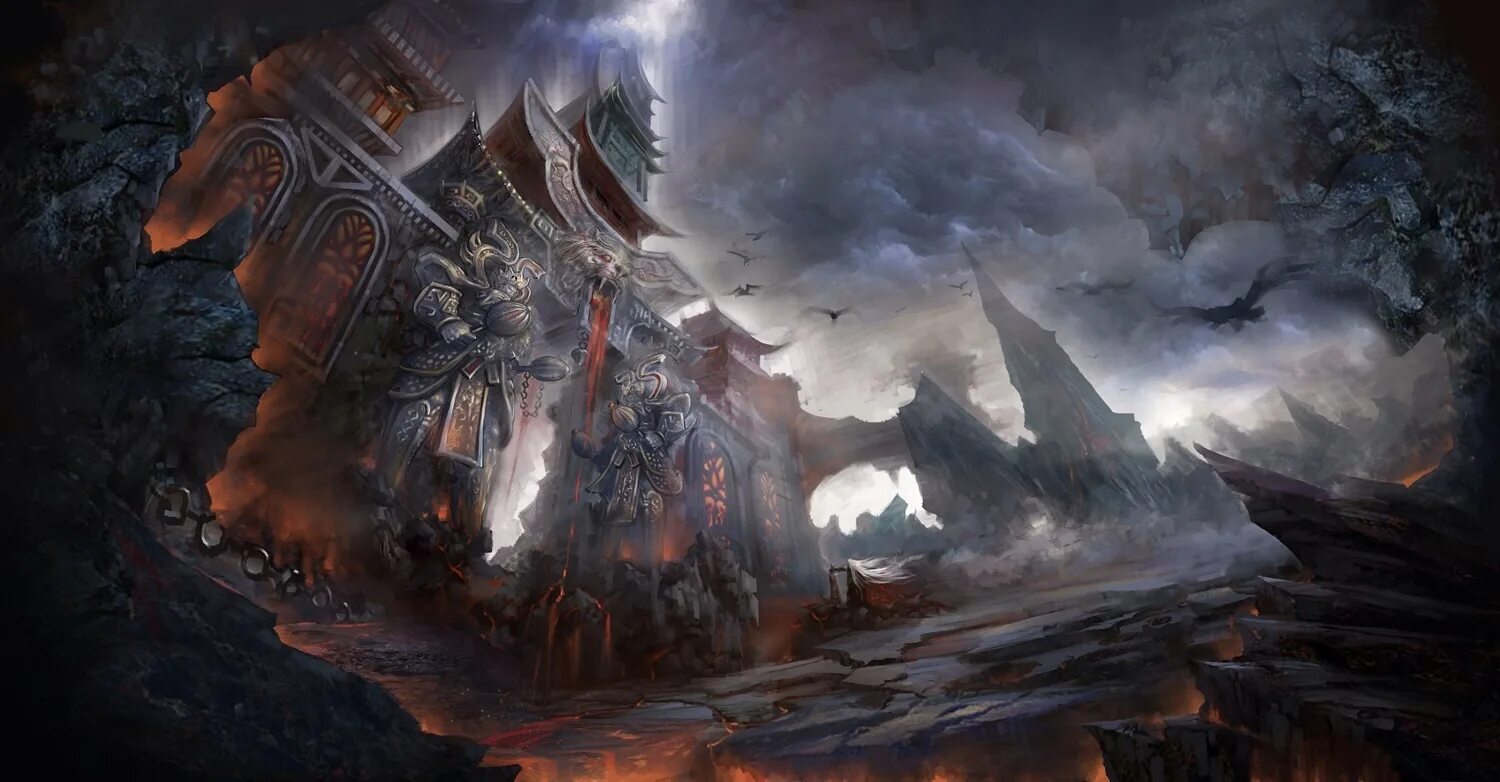 Пейзажи других миров. Врата в царство мёртвых египет. Крепость гномов вархаммер фэнтези. Сказочный мир. Врата в царство аида.