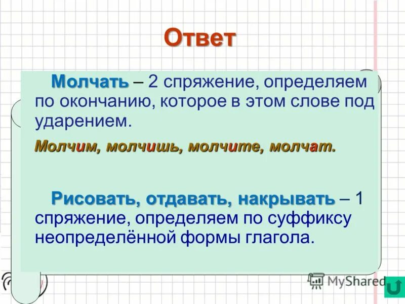 Слово почему это глагол. Молчать спряжение. Молчать какое спряжение. Молчит какое спряжение глагола. Молчащий почему 2 спряжение.