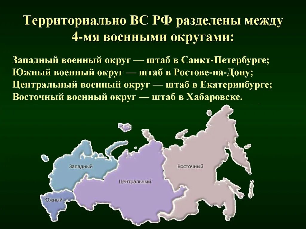 Область входит в 5. Территориально вс РФ разделены на военные округа. Восточный военный округ территориально. Западный военный округ и Восточный военный округ. Структура Вооруженных сил РФ военные округа.