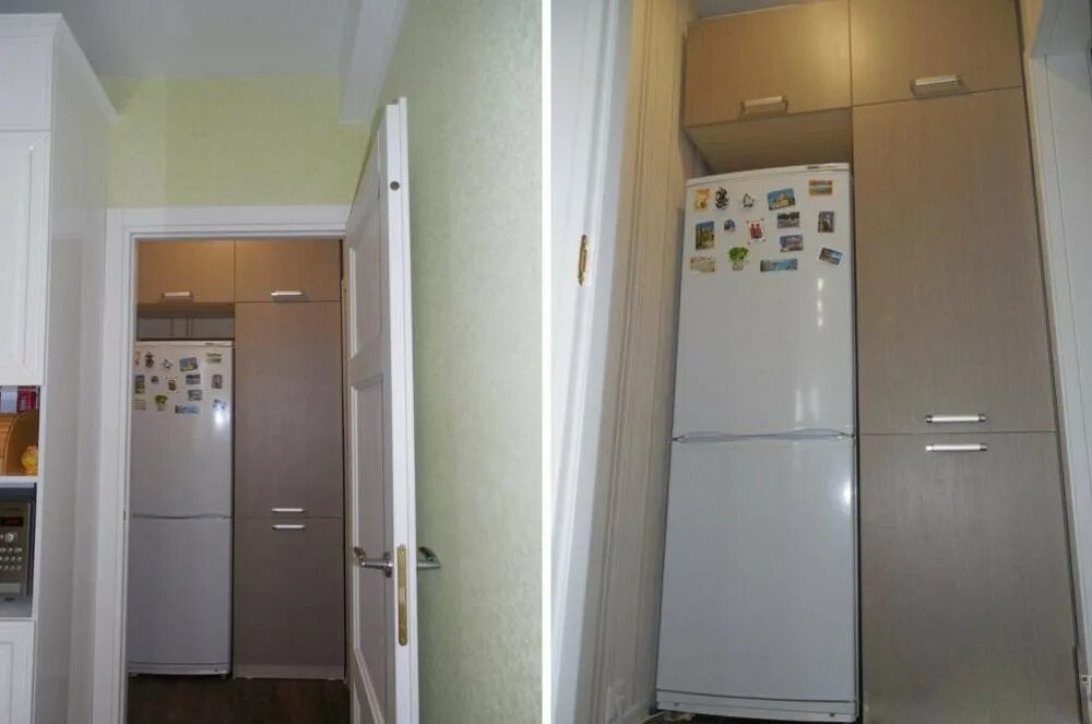 Можно ли холодильник в шкаф. Встроенный холодильник в коридоре. Холодильник встроенный в кладовку. Холодильник в прихожей в хрущевке. Шкафчик рядом с холодильником.