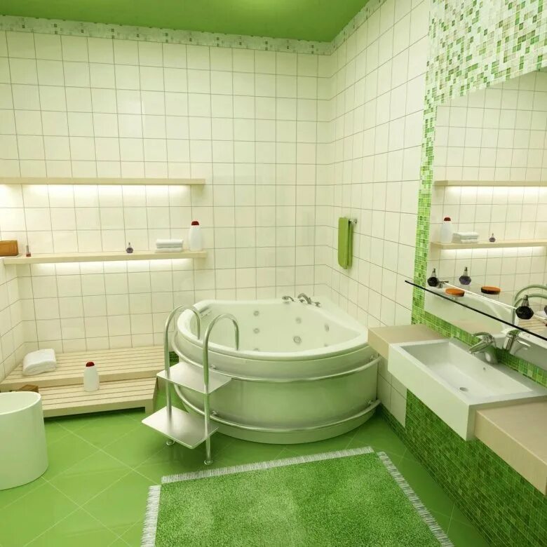 Ванная. Ванные комнаты. Интерьер ванной комнаты. Ванная в зеленых тонах. Образец ремонта ванны