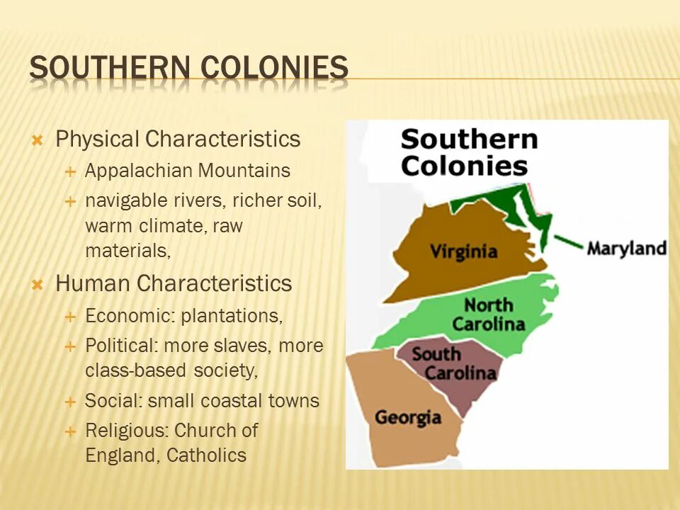 Southern Colonies. Human characteristics. South Atlantic Colonies.