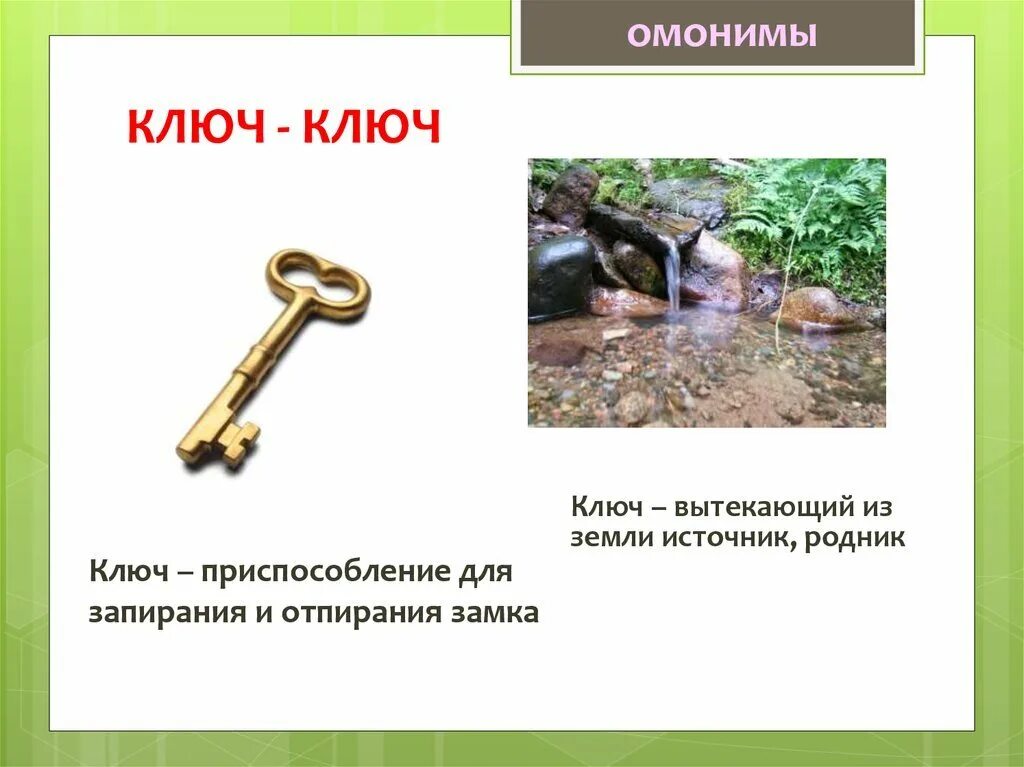 Омонимы. Ключ омонимы. Ключ омоним русский язык. Омонимы ключ дверной и ключ Родниковый.